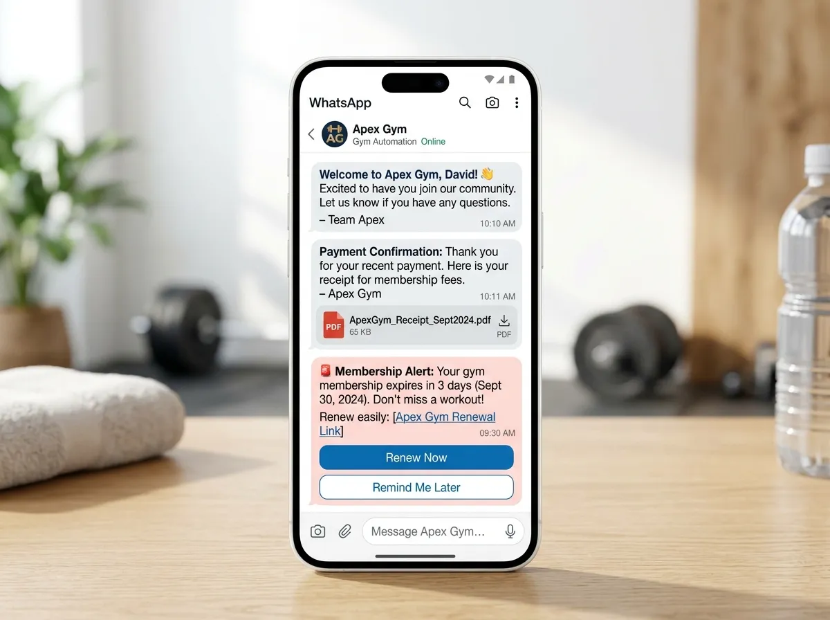 Fitplex Automated WhatsApp Renewal Messages and Receipts Mockup